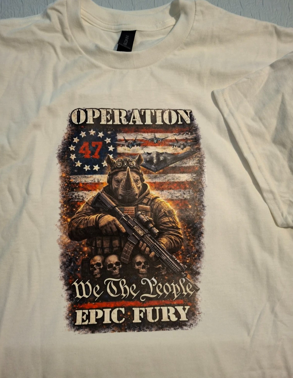 Operation Epic Fury US Flag Stars Stripes Rhino Skulls America Print T-Shirt WAR gallery