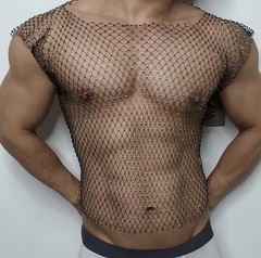 New Men Sexy Tank Top Fishnet Rhinestone Shiny Mesh Vest See Through Sleeveless
