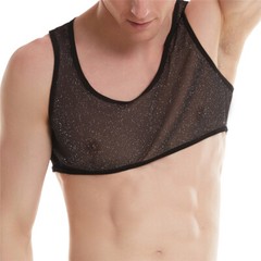 Glitter Men’s Ultra-Thin Mesh See Through Crop Tops Mini Vest Short Undershirts