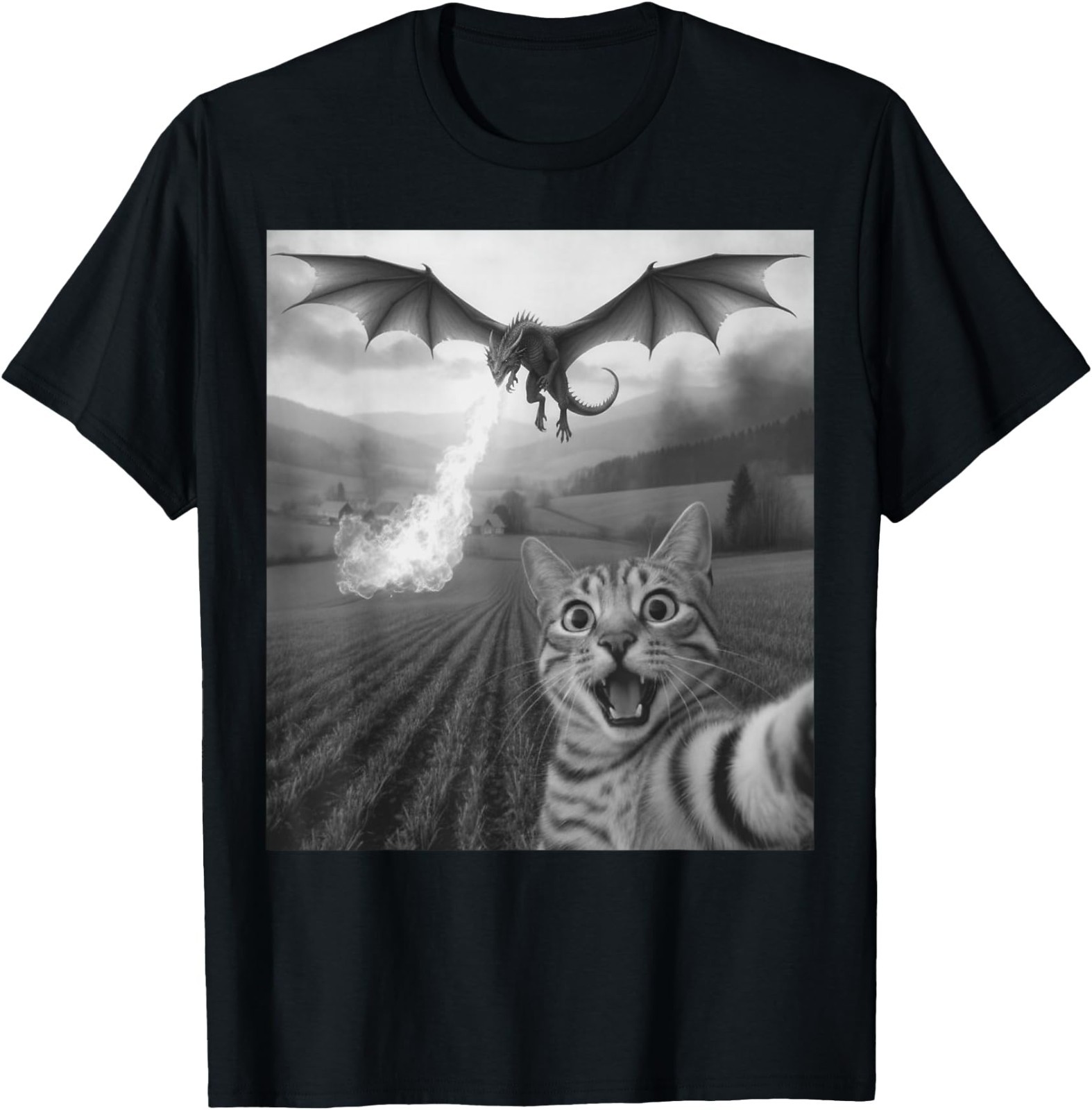 Funny Cat Selfie with Dragon Kawaii Fantasy Creature Art T-Shirt