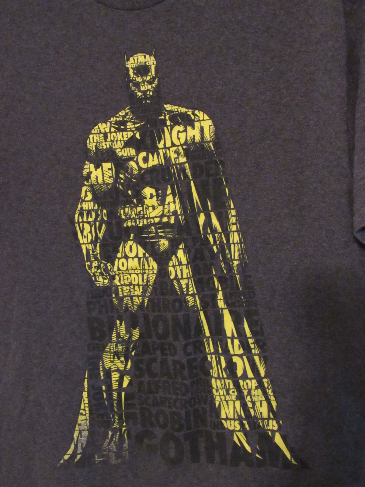 Mens DC Batman Dark Knight T-Shirt Large Charcoal Gray Yellow Batman Graphic gallery
