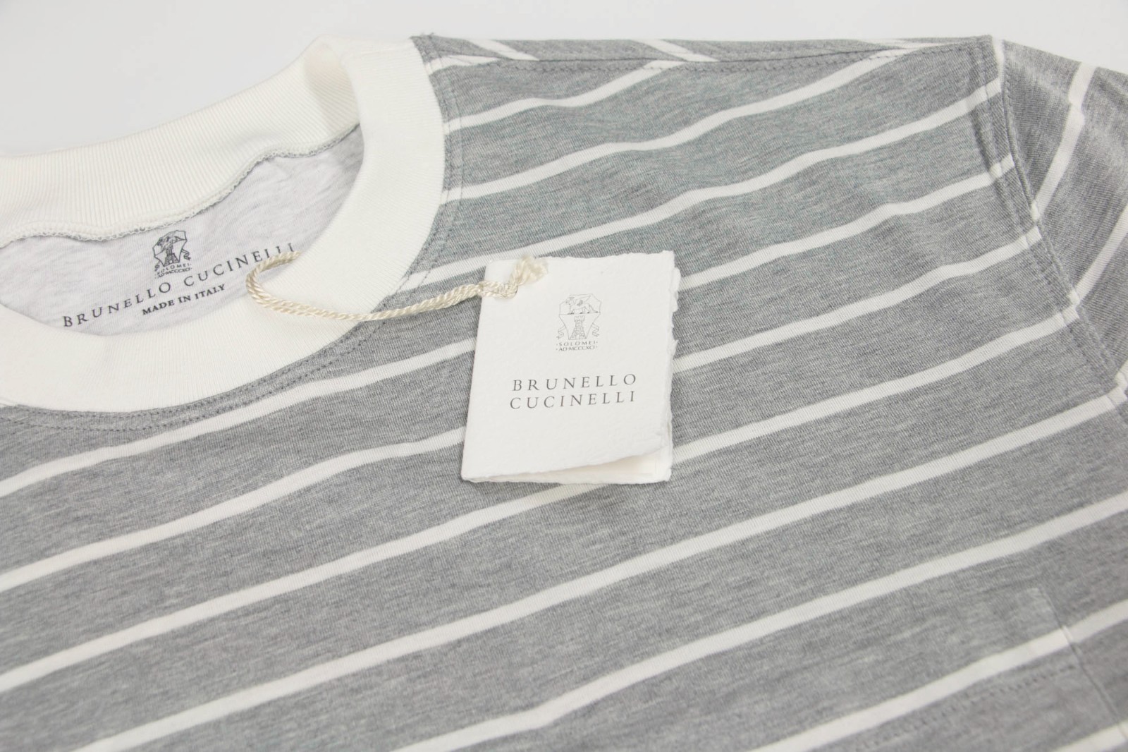 NWT$1200 Brunello Cucinelli Men Silk Blend Stripe Print Crewneck Tee Size M A258 gallery
