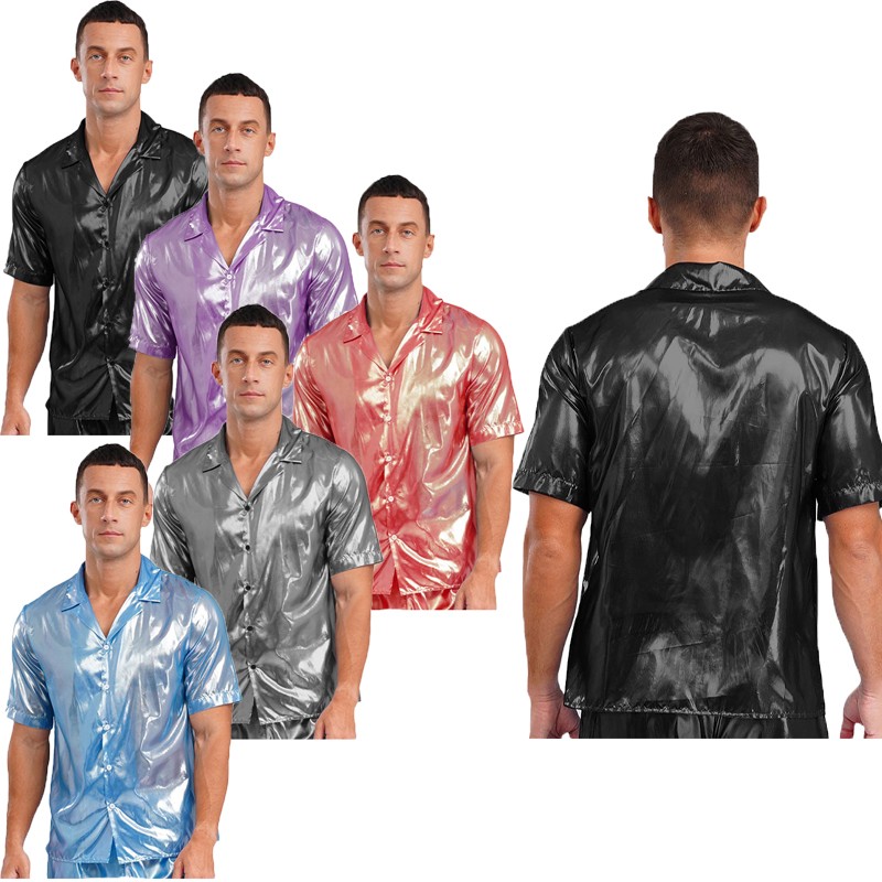 US Men's Shiny Metallic Short Sleeve Button Up Collared Shirt for Party Clubbing gallery