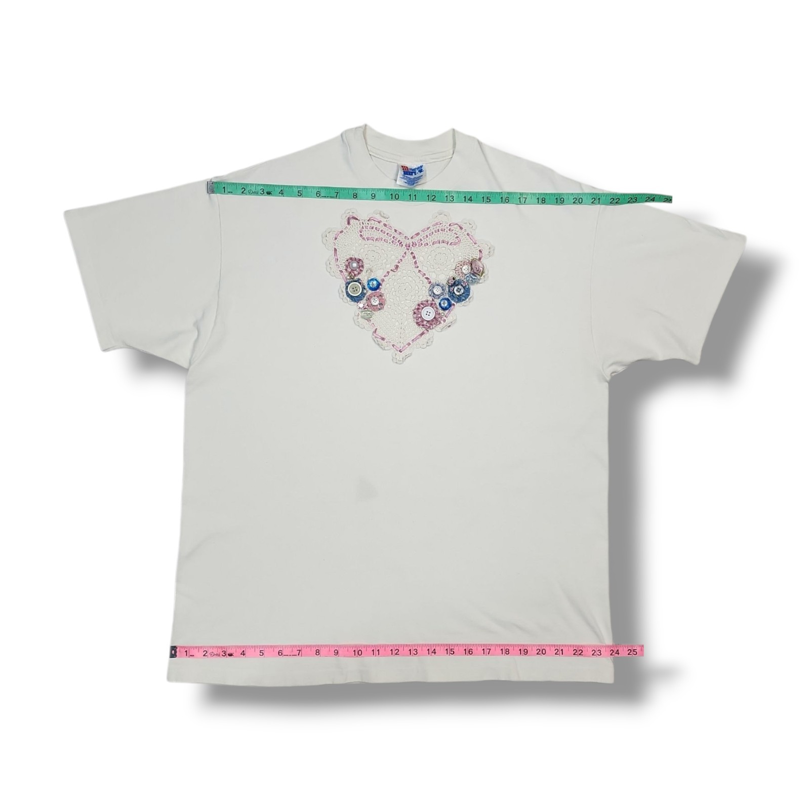 Vintage Hanes Beefy-t Crochet Heart Button Lace White 90's T-Shirt Unisex XL gallery