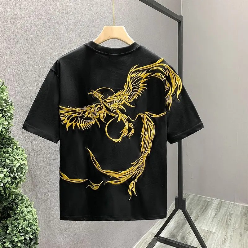 Men’s Premium Phoenix Embroidery Cotton T-Shirt Slim Fit Short Sleeve Tee