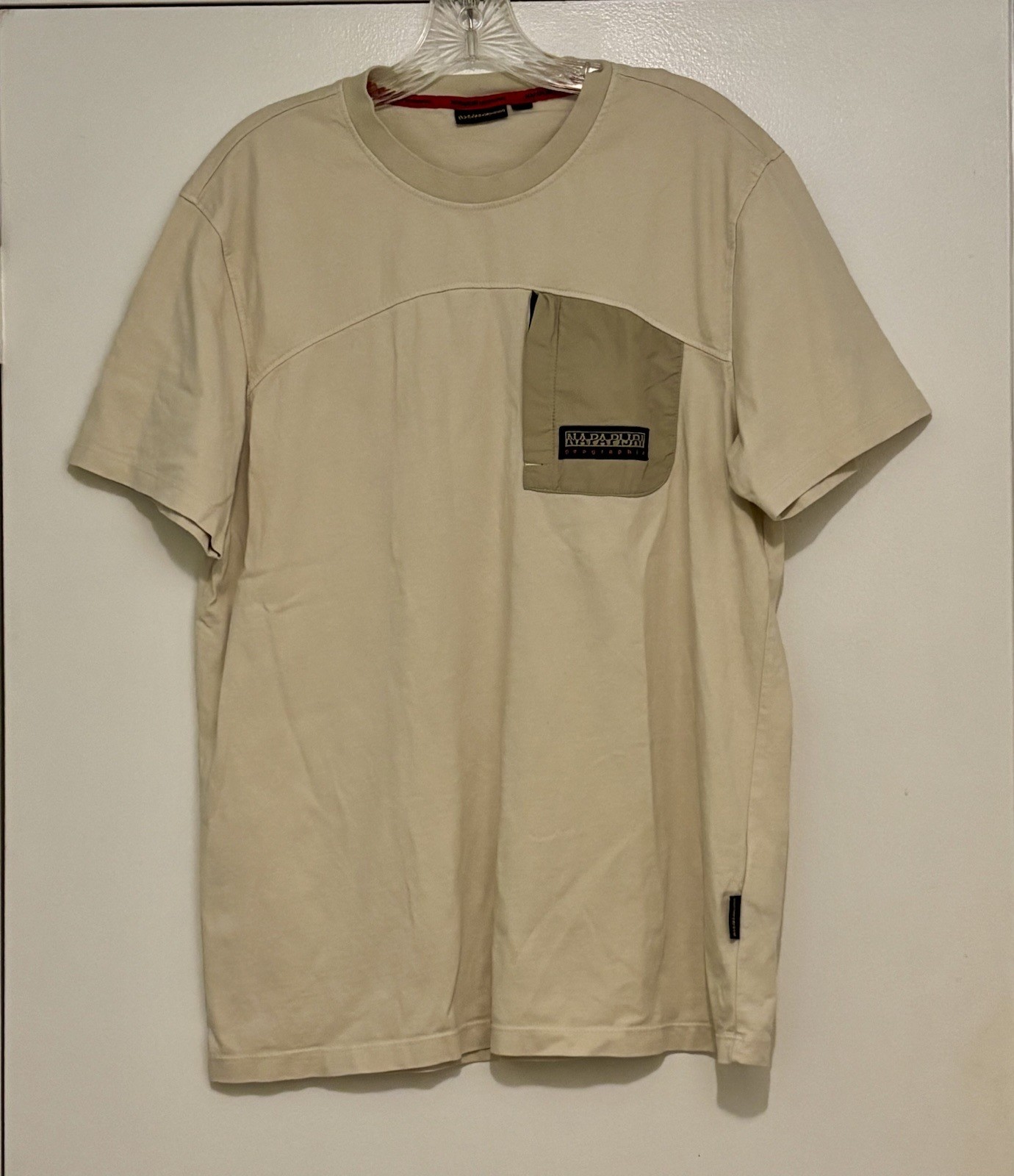 Napapijri Geographic Men Large Tan Beige Zipper Pocket 100% Cotton T-Shirt gallery