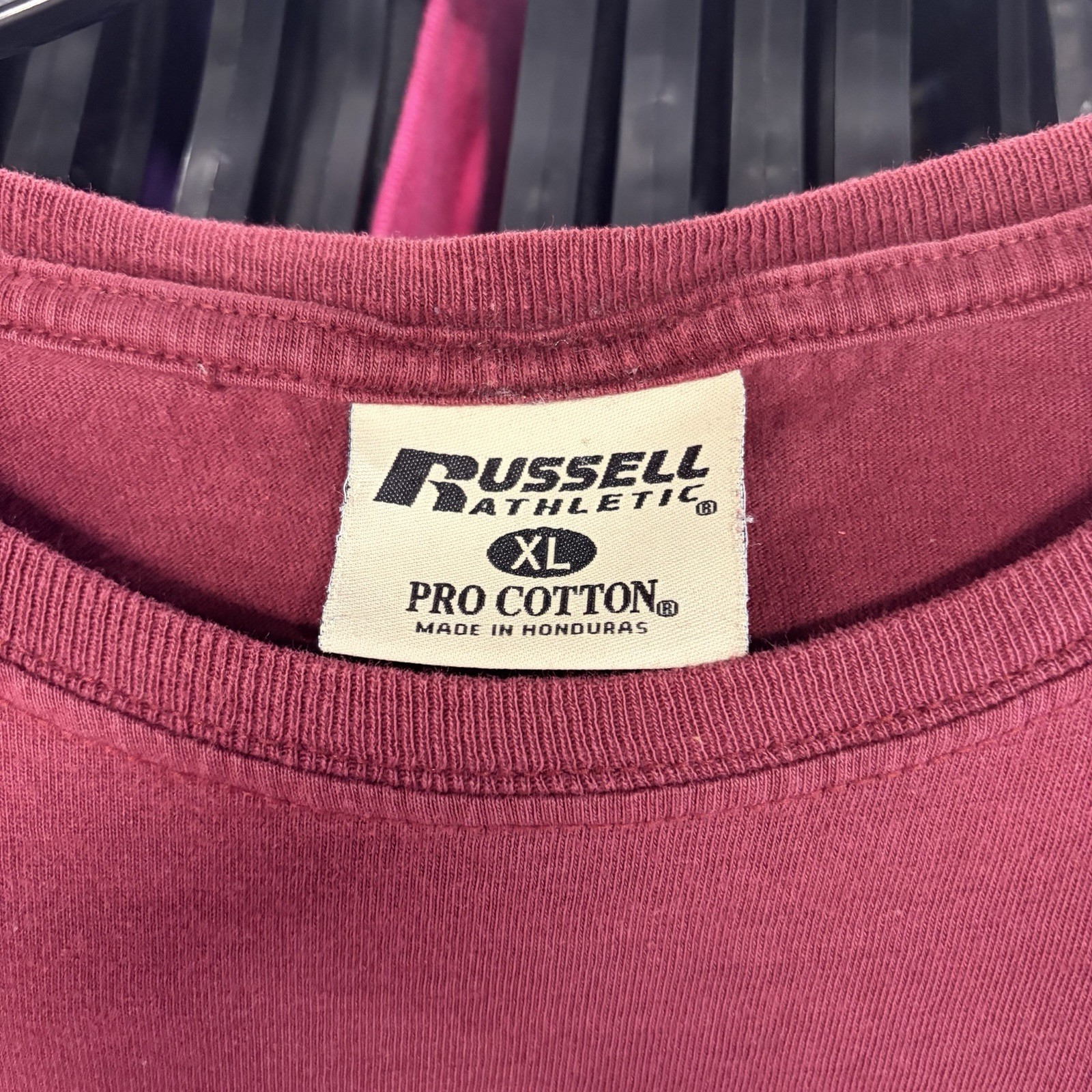 Vintage 90s Russell Athletic Pro Cotton Maroon/Burgundy Blank Pocket Tee Size XL gallery