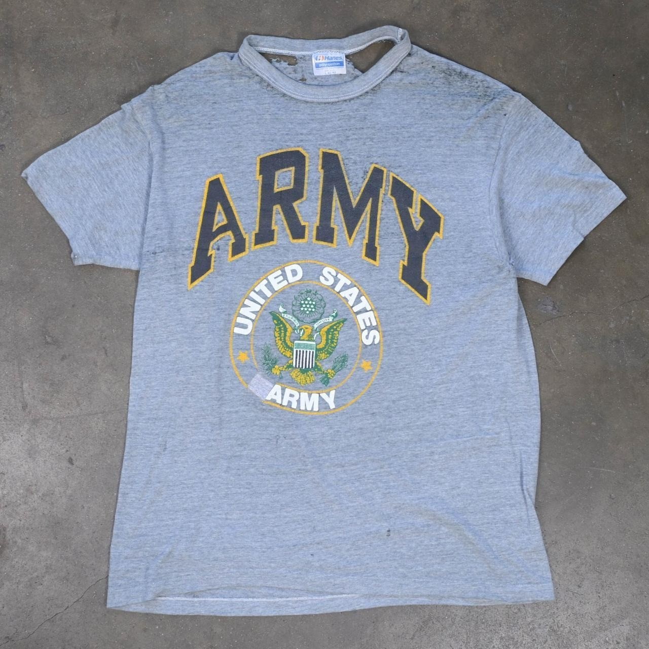 Vtg US Army Heather Gray Single Stitch Destroyed Hanes T Shirt Poly Cotton L
