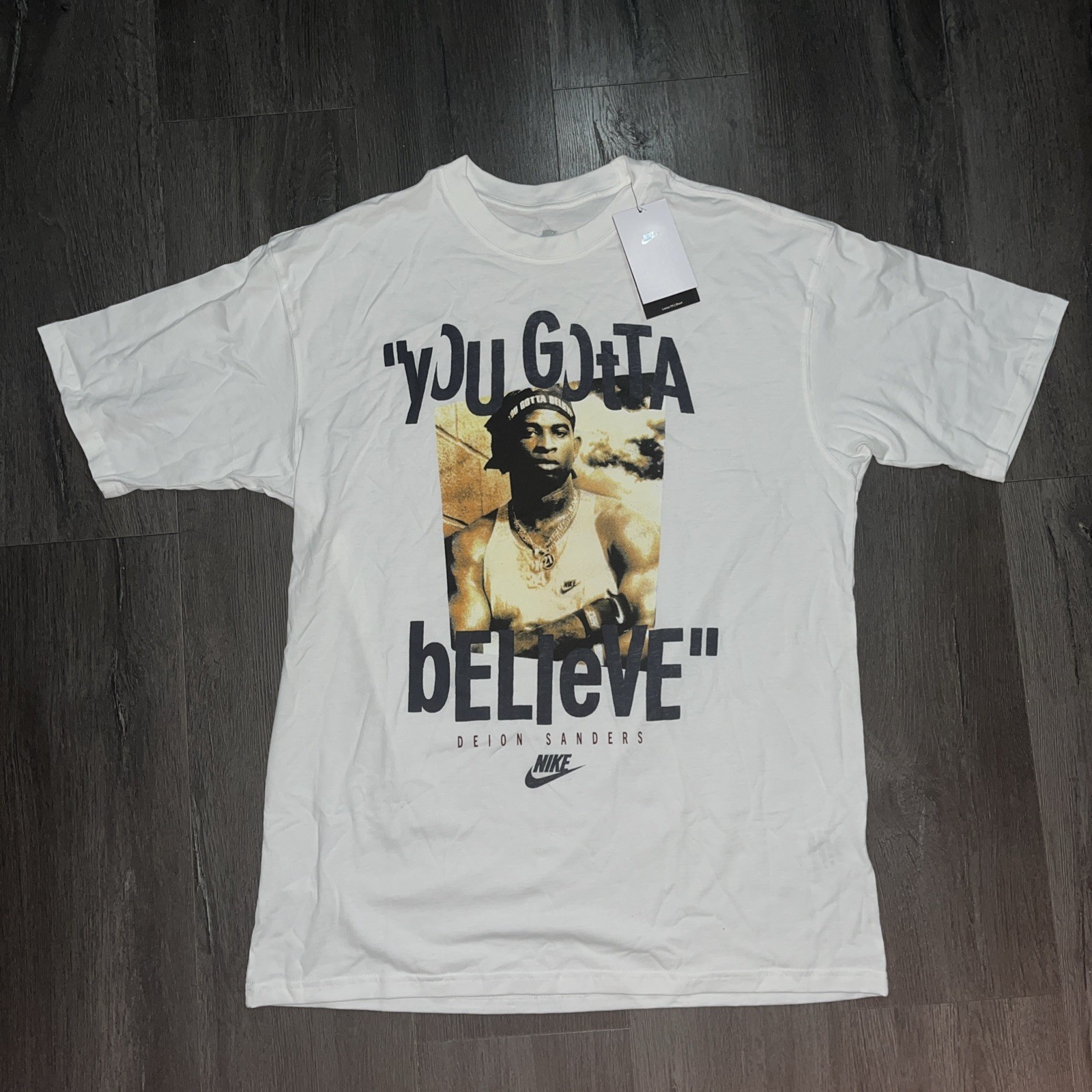 Nike Mens Medium TALL Deion Sanders You Gotta Believe White Graphic Shirt NEW