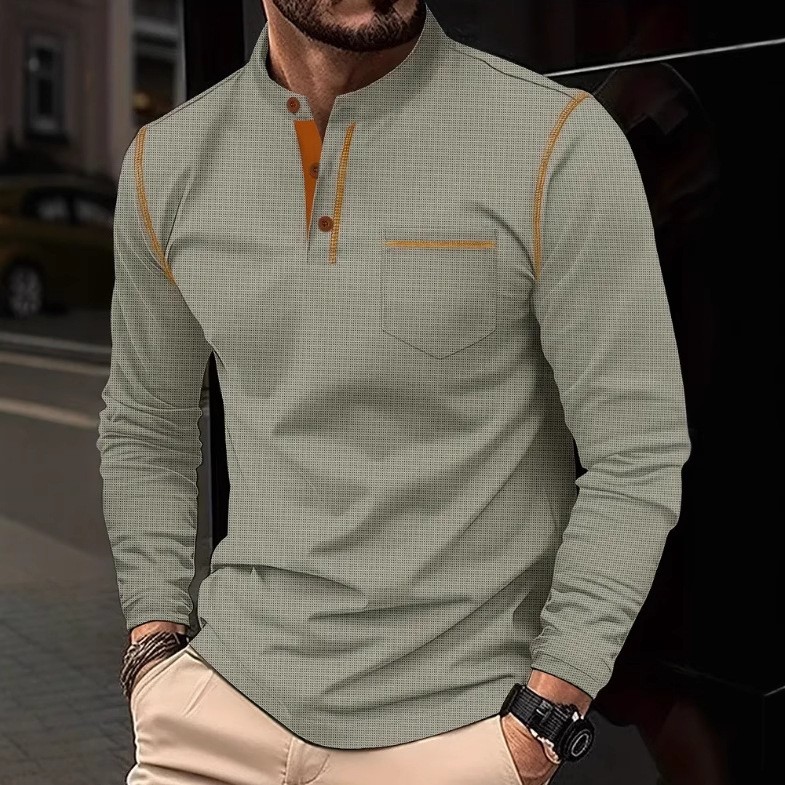 Mens Long Sleeved High-Grade T-shirts Standing Collar Formal Occasions Shirt Top gallery