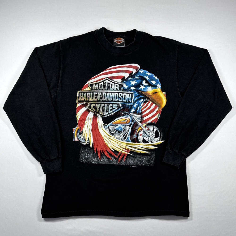 Vintage Harley Davidson 1996 Pacific Honolulu Long Sleeve T-Shirt Eagle Flag M