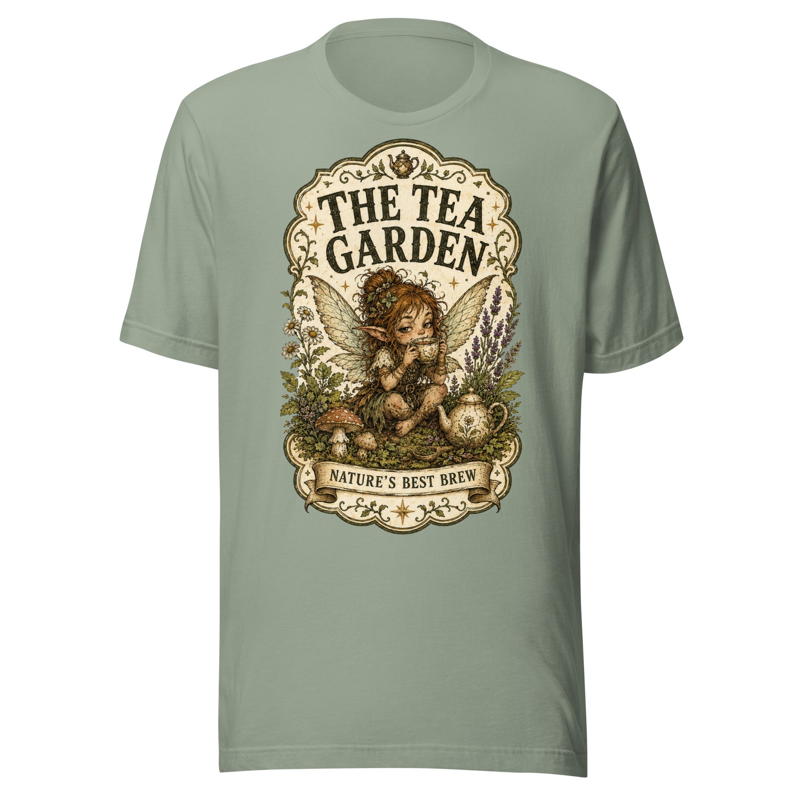 The Tea Garden Fairy T-Shirt Goblincore Fantasy Nature Fae Folk Tee Sage XS-2X gallery