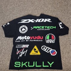 Y2K Motorcycle Racing Tshirt All Over Sponser Graphics Kawasaki Shoei Skully 2XL