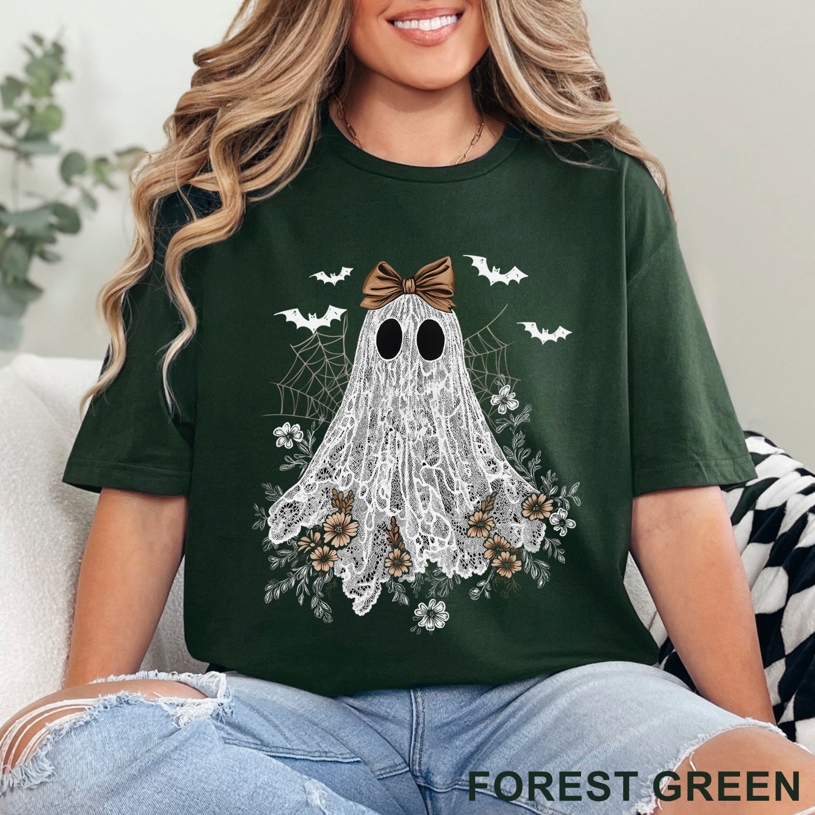 Halloween Lace Ghost Shirt, Cute Floral Ghost Shirt, Spooky Fall Floral, 203651 gallery
