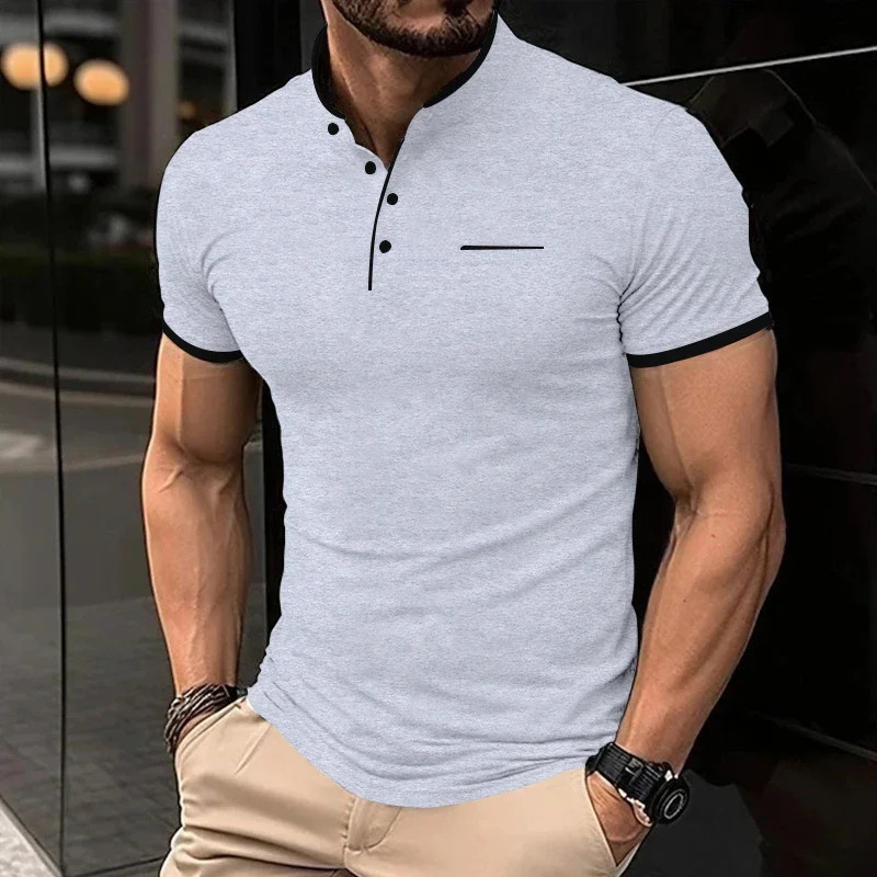 2025 New Men's Casual and Fashionable Solid Color Short Sleeved Stand Up Collar gallery