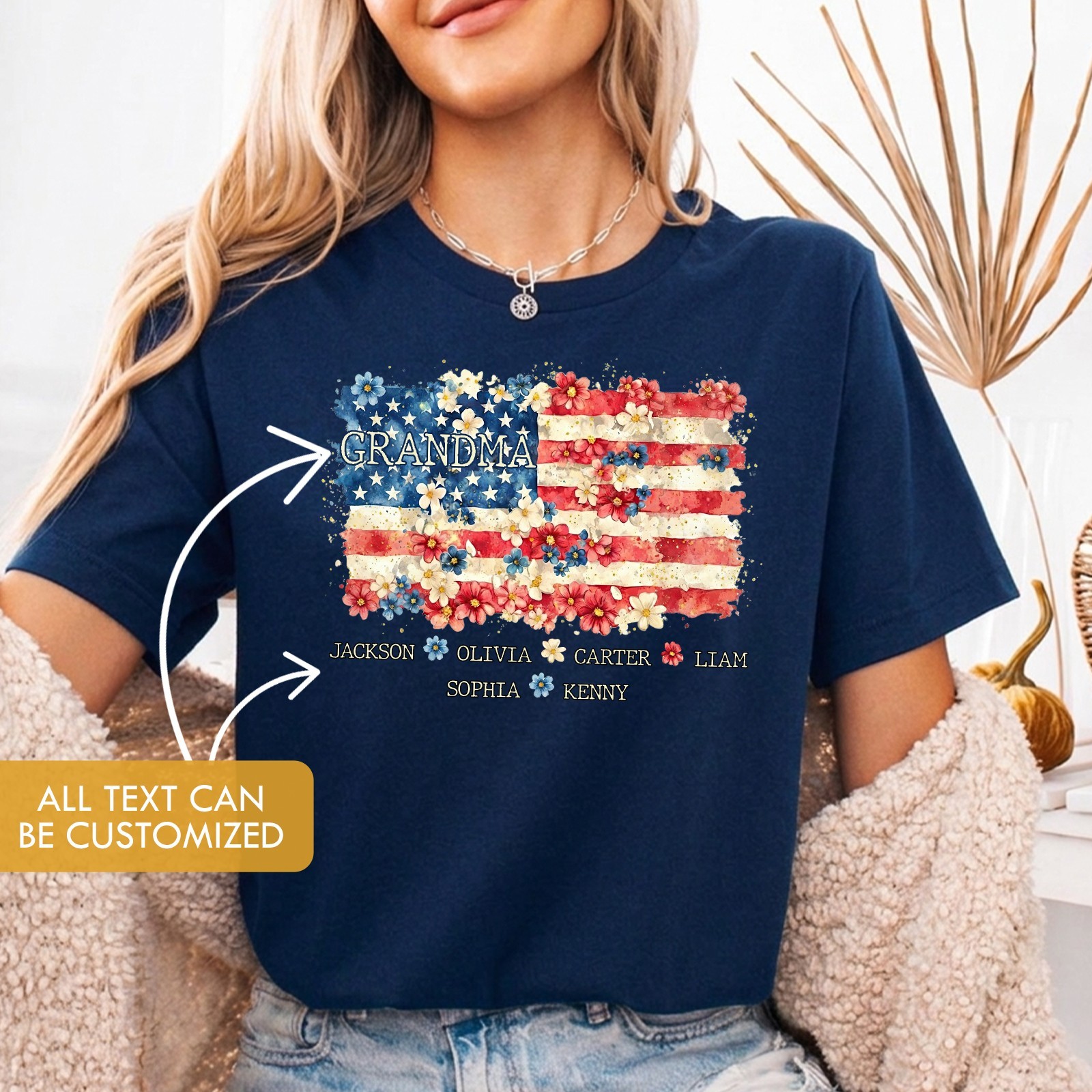 Personalized Grandma Shirt Grandkids Names Floral USA Flag 4th of July Gift Tee gallery