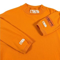 HERON PRESTON Orange Cyrillic Style Mock Neck Long Sleeve Top Size L Streetwear