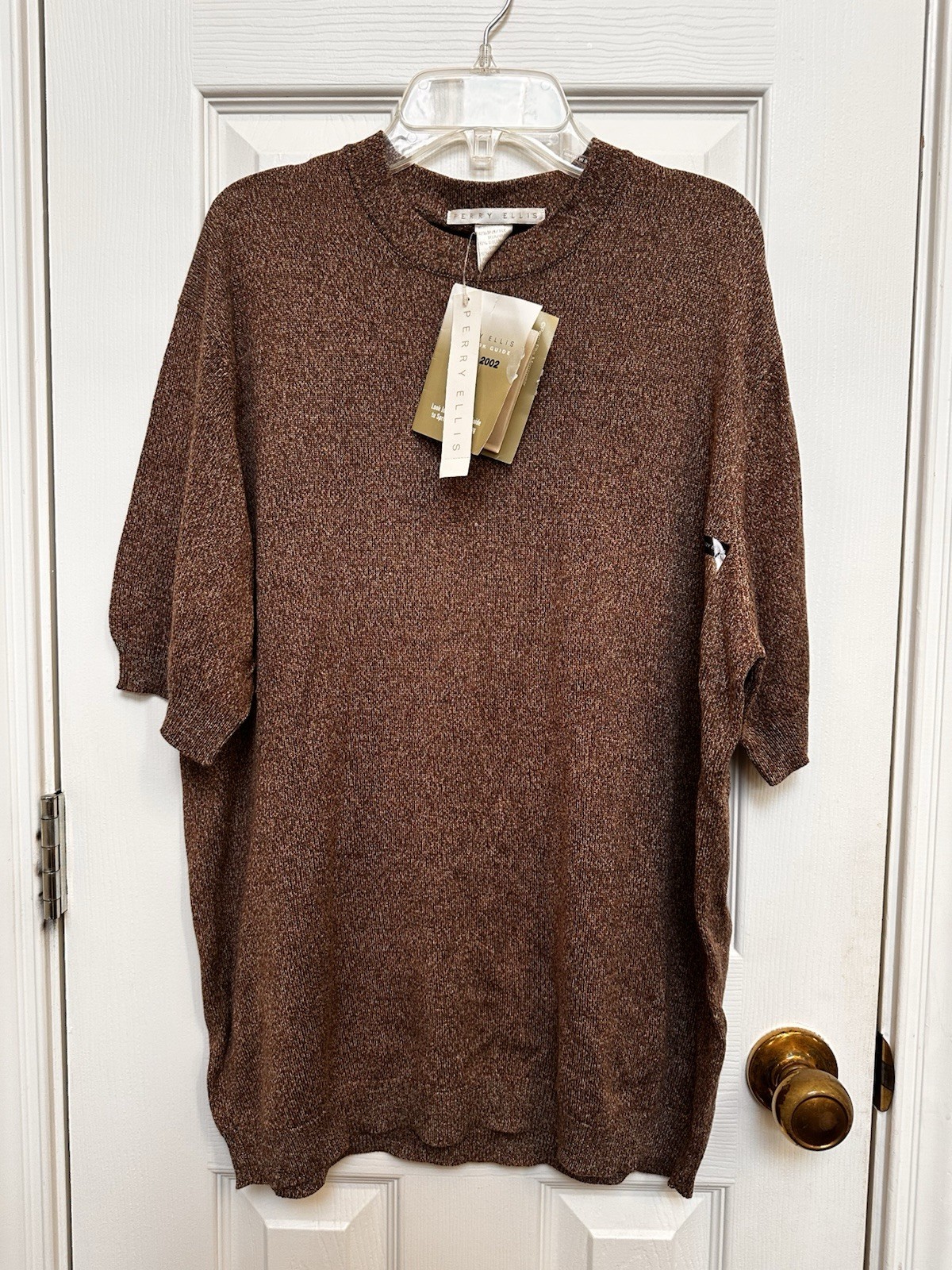 Vintage NWT Perry Ellis Brown 80% Silk Short Sleeve Shirt - Men’s Large gallery