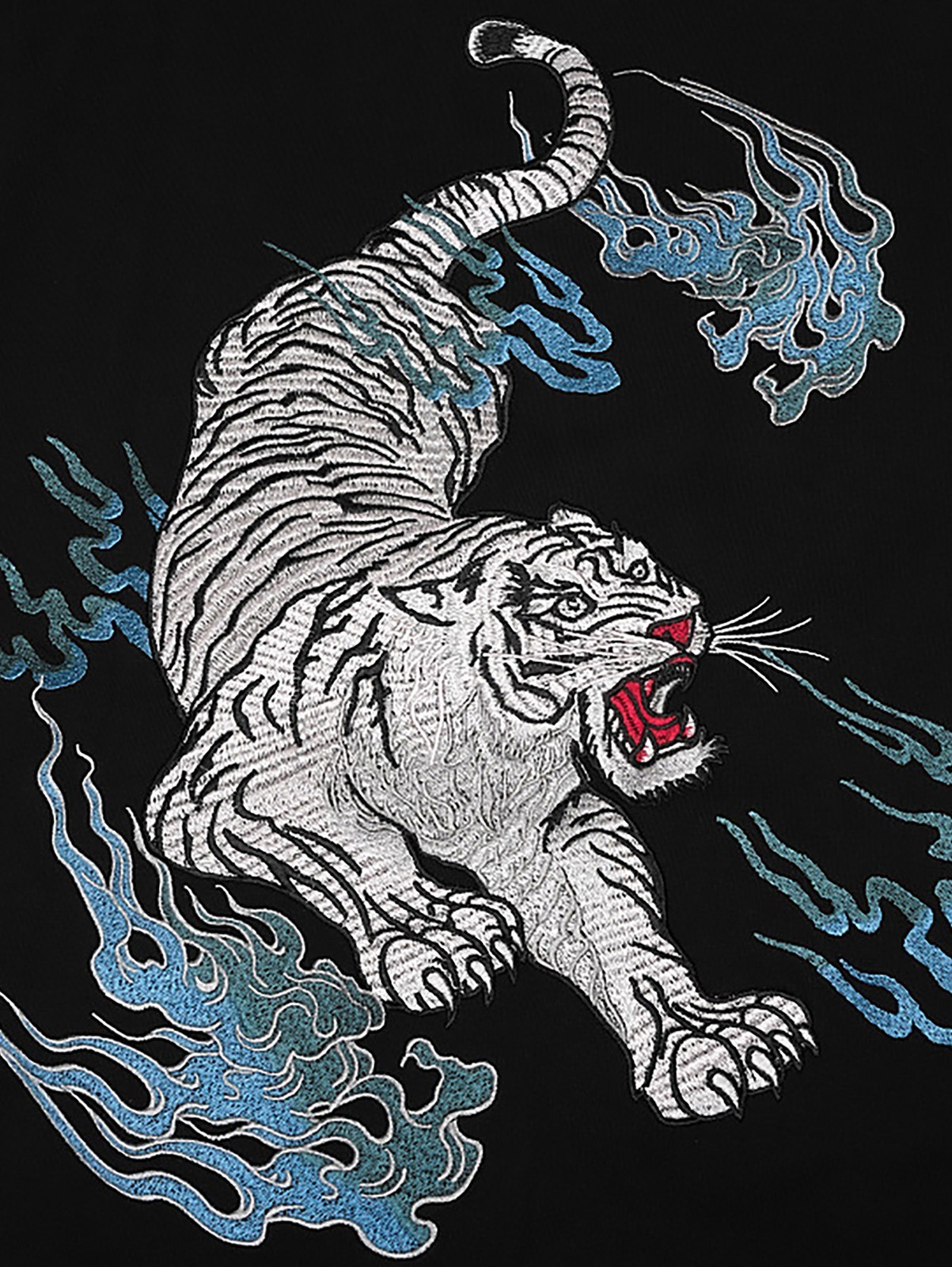 Niepce Men's White Tiger with Blue Flames Embroidery Japanese Streetwear Tee gallery