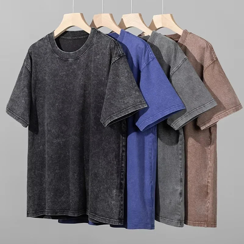 American Style Retro Heavyweight Solid Color Short Sleeved T-shirt Men Women gallery