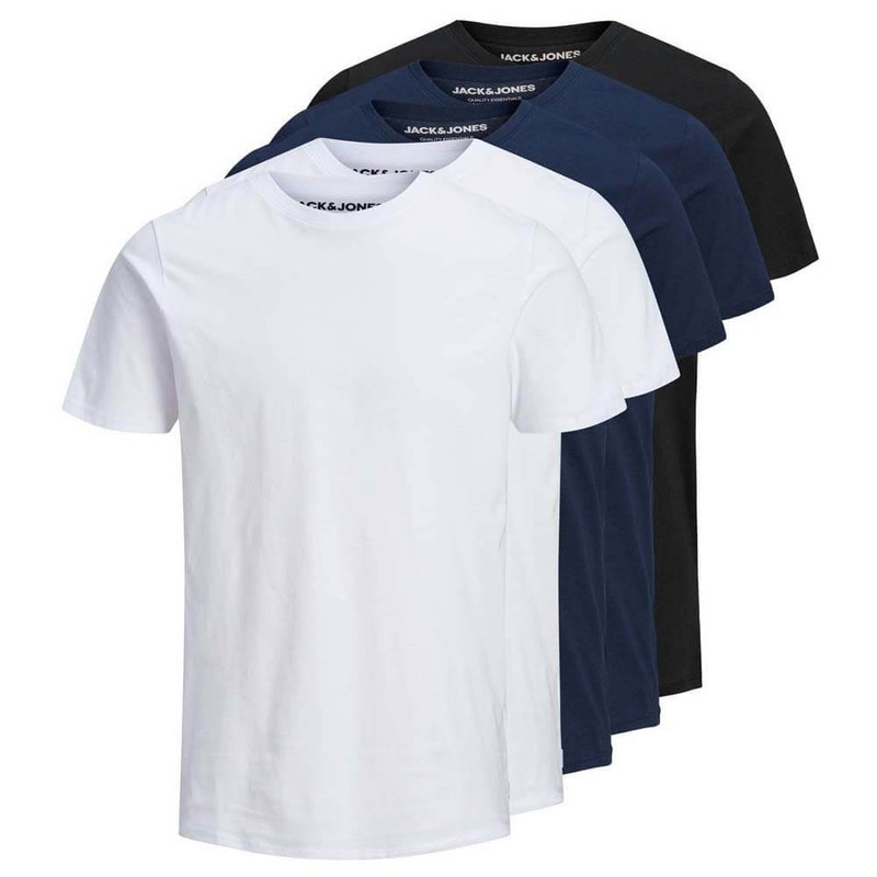 Jack & Jones 5 Pack JJEORGANIC 100% Cotton Crew Neck T-Shirts – White/Navy/Black