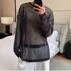 Men Glitter Mesh Top Shiny Sheer Long Sleeve T-shirt Gothic Punk Clubwear Casual