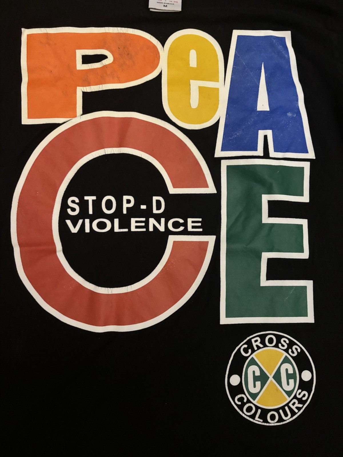 Vintage Cross Colours PEACE Stop-D the Violence Men's T-Shirt Black Large gallery