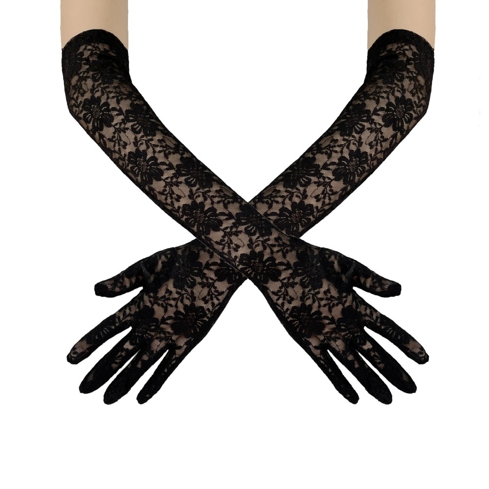 Long Floral Lace Opera Gloves Fingerless Elbow Length Black5 Standard