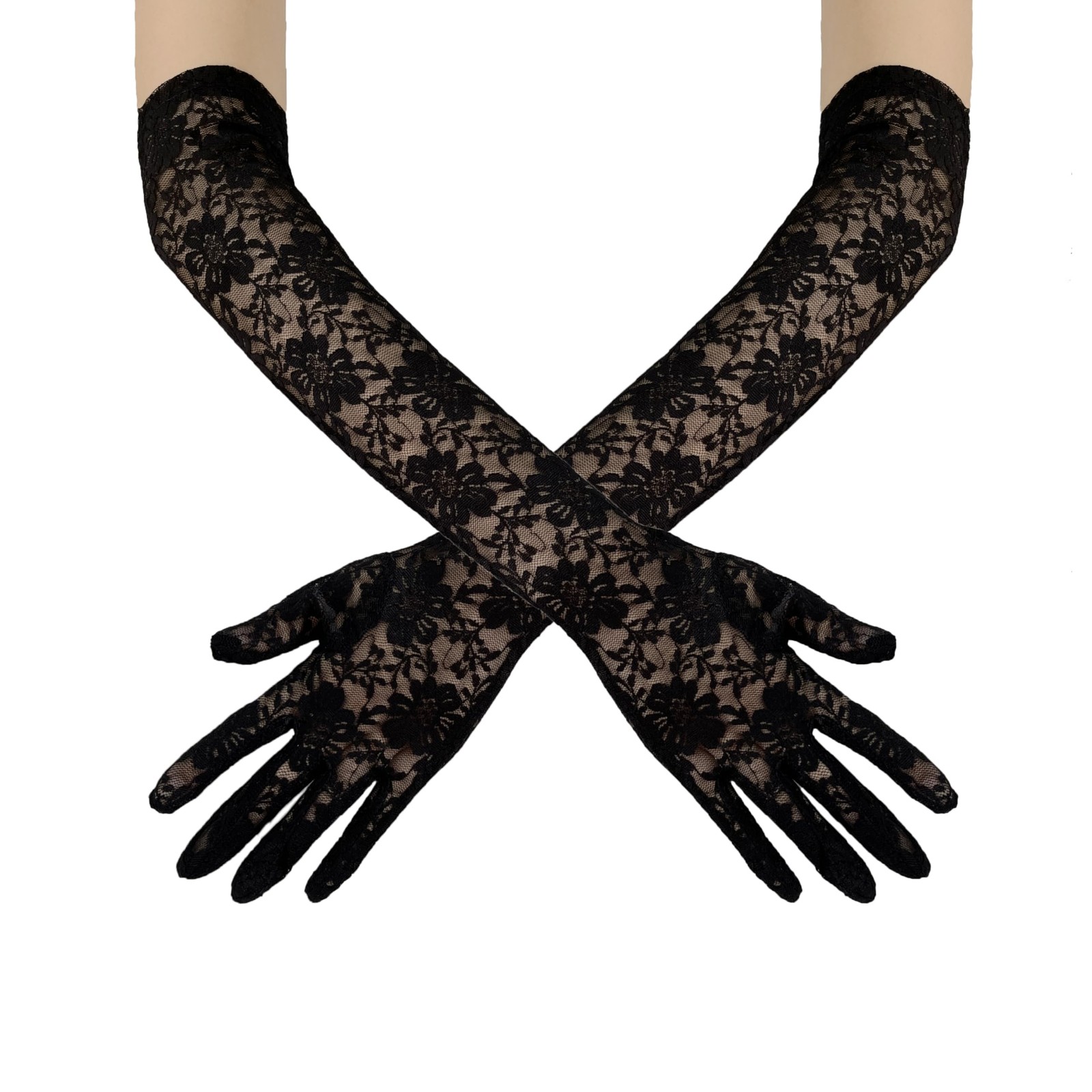 Long Floral Lace Opera Gloves Fingerless Elbow Length Black5 Standard