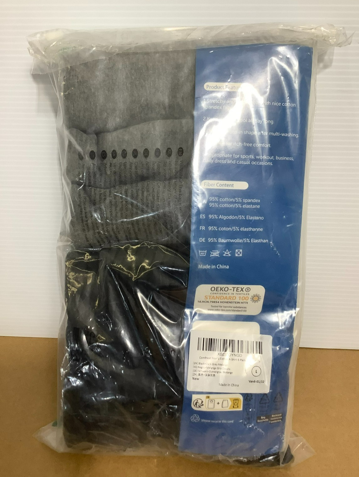 Comfneat Mens Cotton A-Shirt 6-Pack Black Dark Grey Melange Large gallery