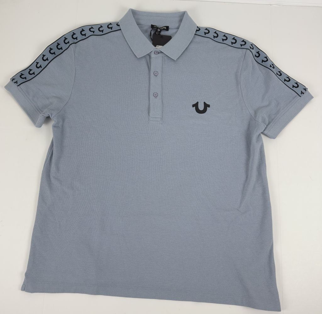True Religion Polo Shirt Mens Small Sky Blue Logo Damask Cotton Blend Short Slve gallery