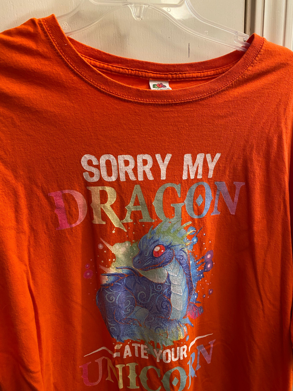 Cute Unique Sorry My Dragon Ate Your Unicorn Gift Unisex Orange T-Shirt NWOT 54" gallery