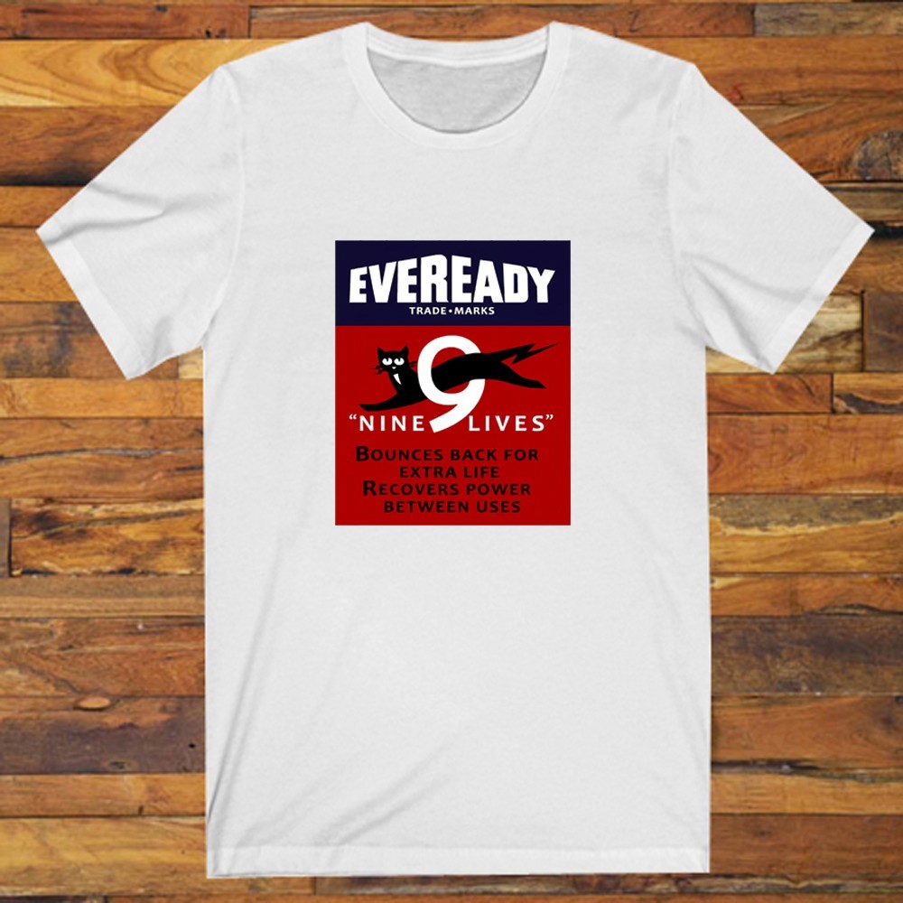 Eveready Retro Battery Black Cat Nine Lives Men’s White S-5XL