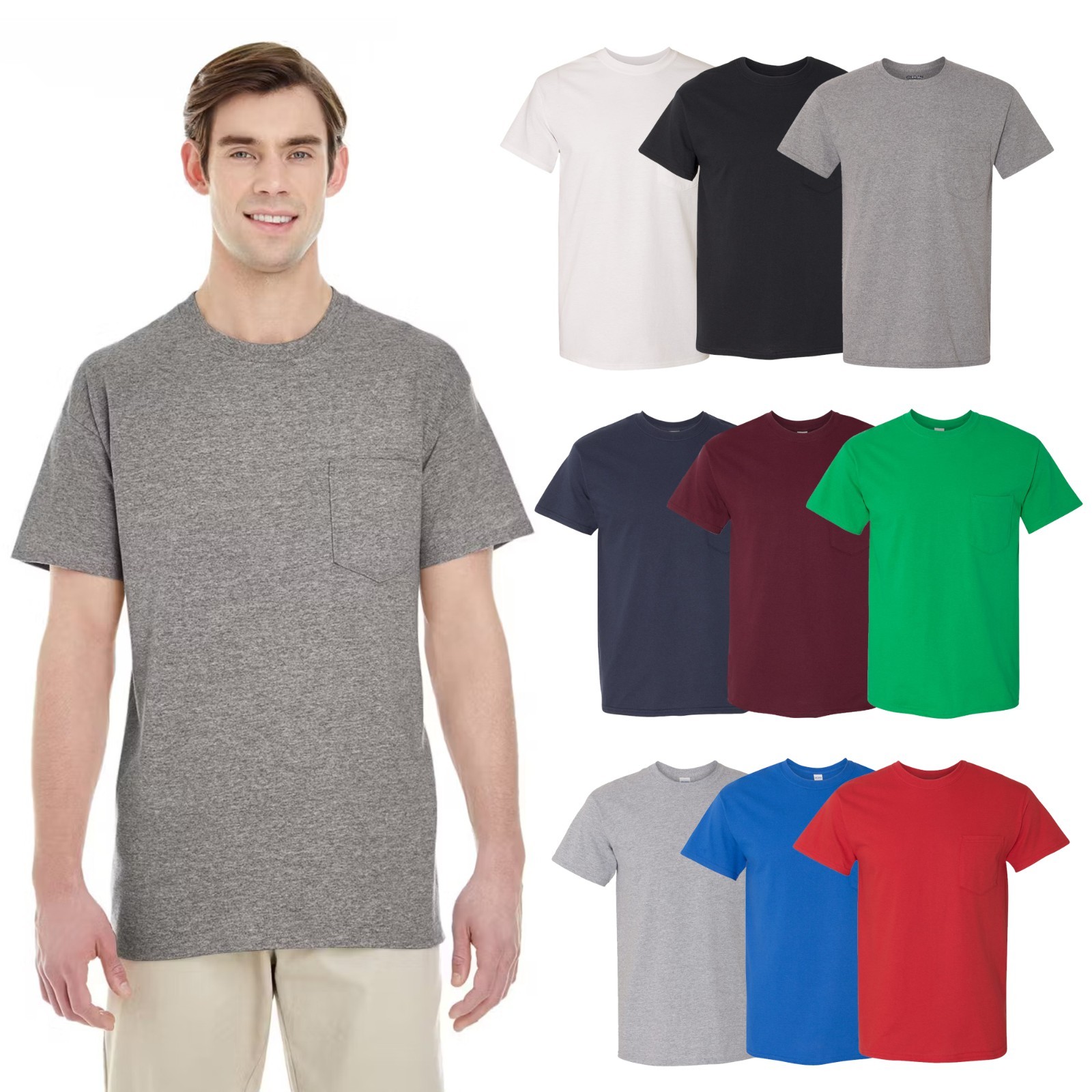 Gildan Heavy Cotton Pocket T-Shirt for Men, Classic Fit Mix Color, 9-Pack S-3XL gallery