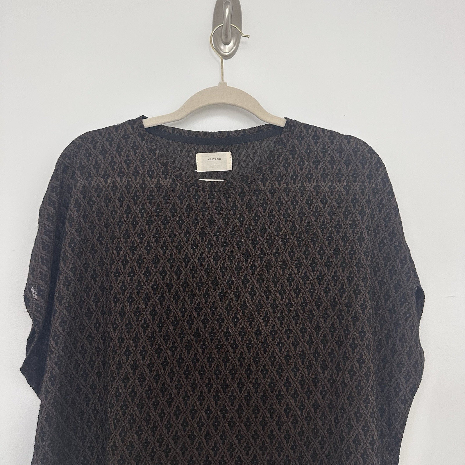 Billy Reid Mens L Wool Blend Boxy Brown Black Short Sleeve Semi Sheer Shirt gallery