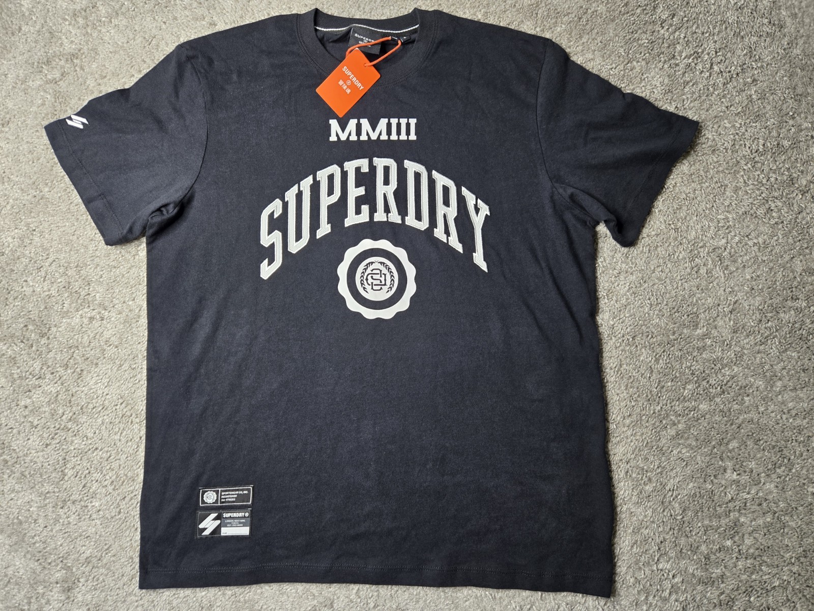 SUPERDRY T Shirt Size Large Color Black Varsity Style Logo Embroidered NWT! gallery