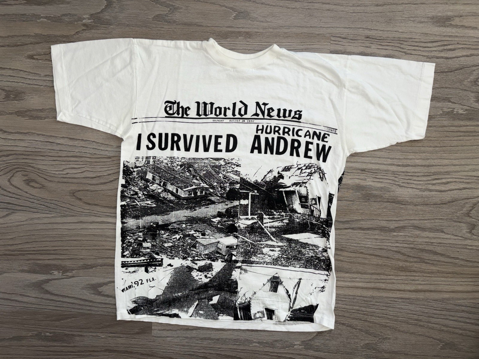 Vintage Hurricane Andrew All Over Print World News T-Shirt Mens (L) USA 90’s gallery