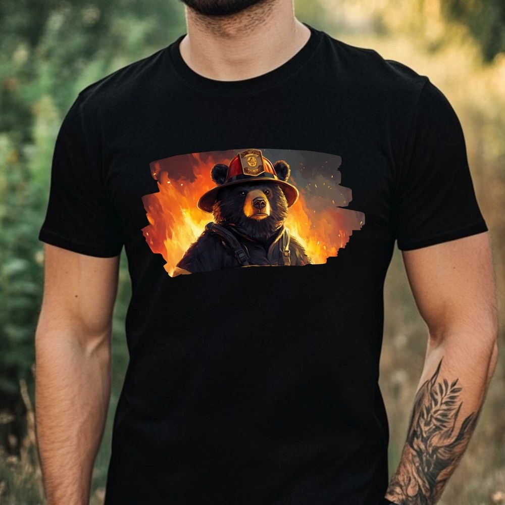 Mens Black Bear Firefighter Print Cotton T-Shirt Size XS to 5XL