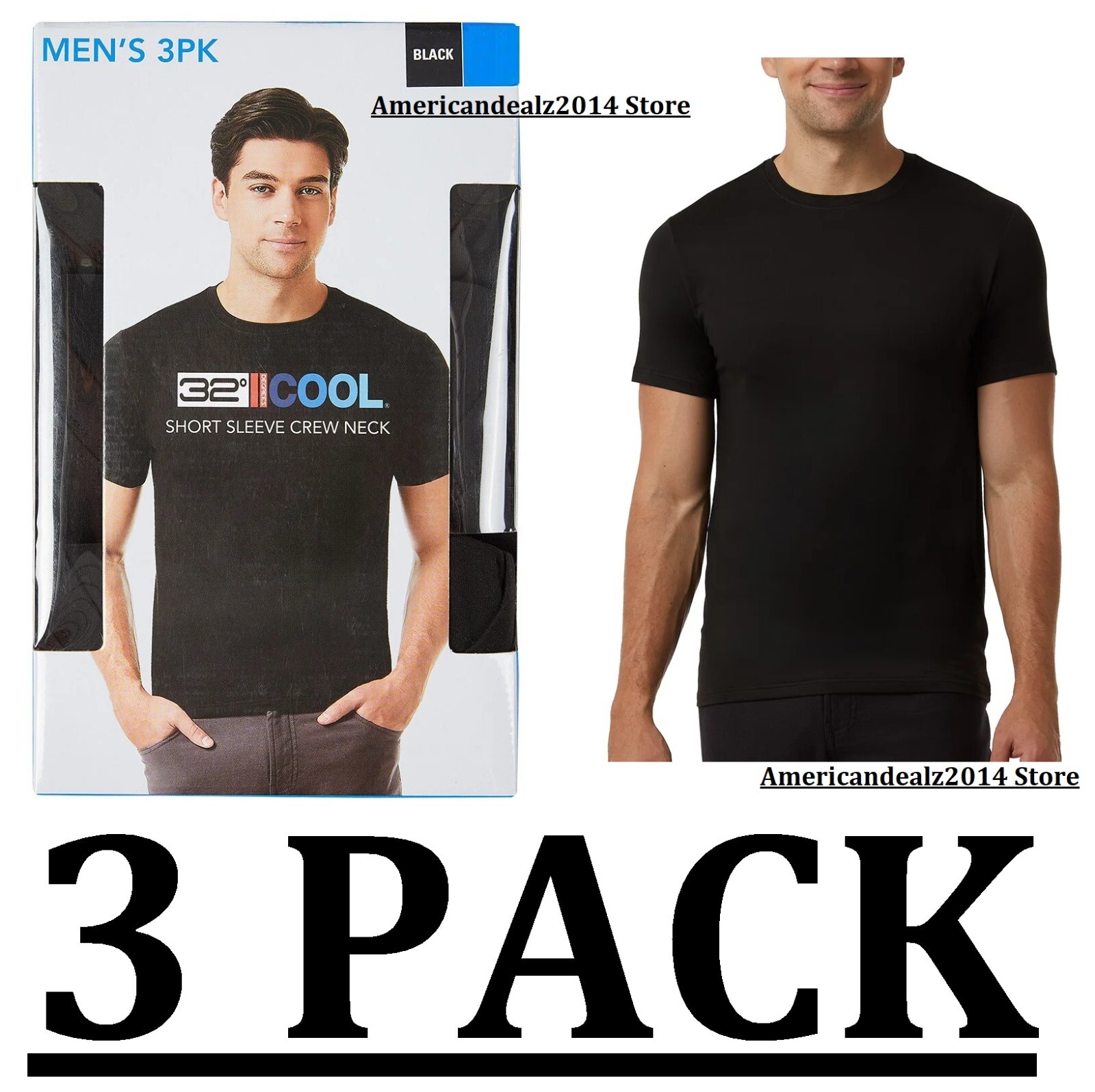 3 PACK - 32 DEGREES COOL MEN'S SHORT SLEEVE CREW NECK SHIRT BLACK OR WHITE gallery