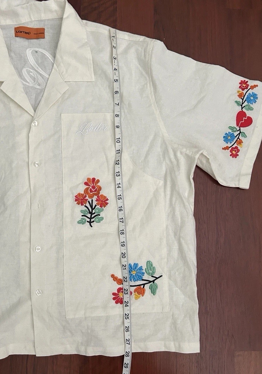 Loiter Embroidered Mens 3XL Linen Cotton Short Sleeved Shirt Oasis Cream gallery