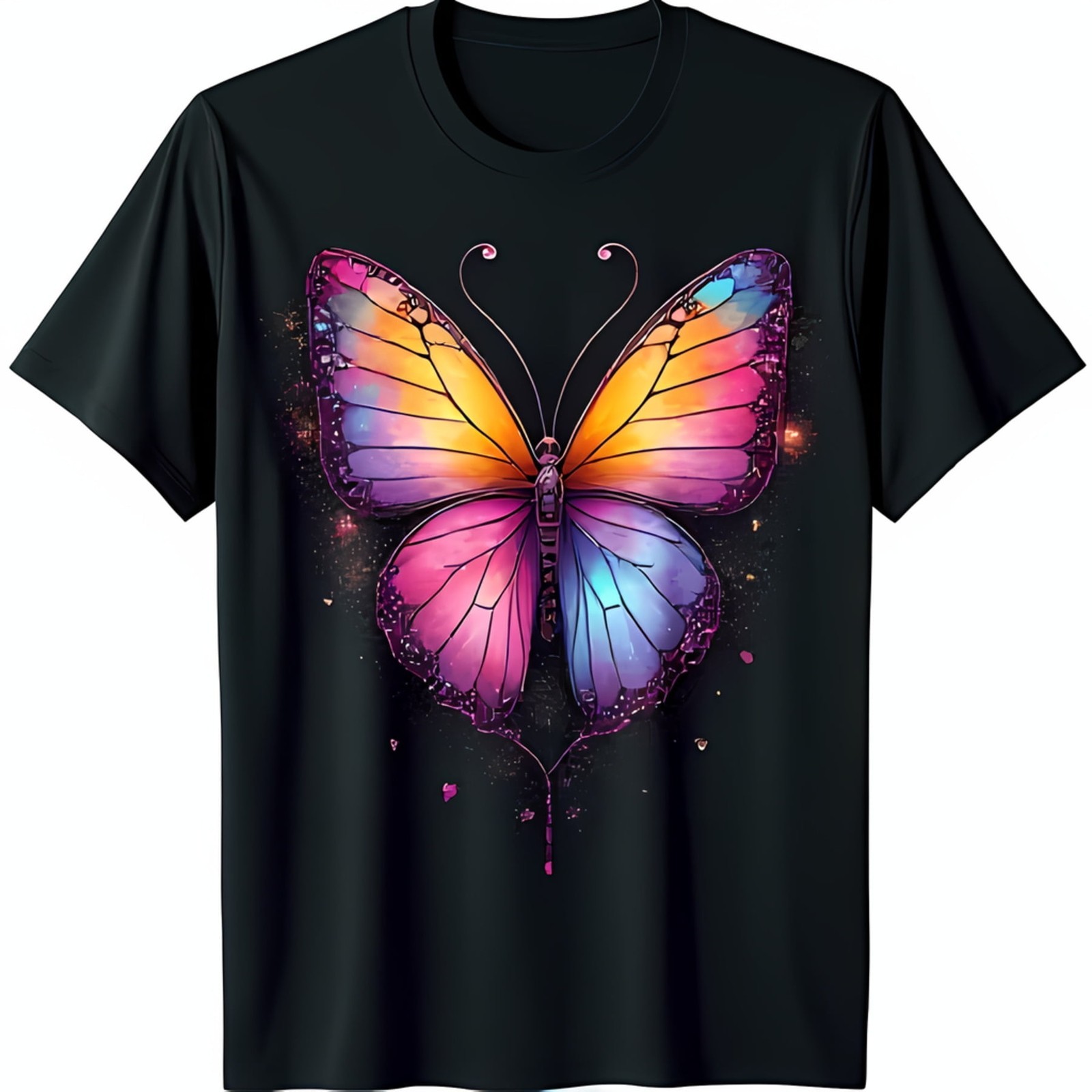 Vibrant Butterfly Graphic Black T-Shirt Colorful Pink Design