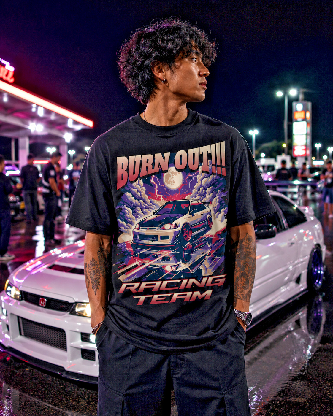 JDM Honda Civic Racing Graphic Burnout Drift Car Japanese Streetwear Tee EM1 gallery
