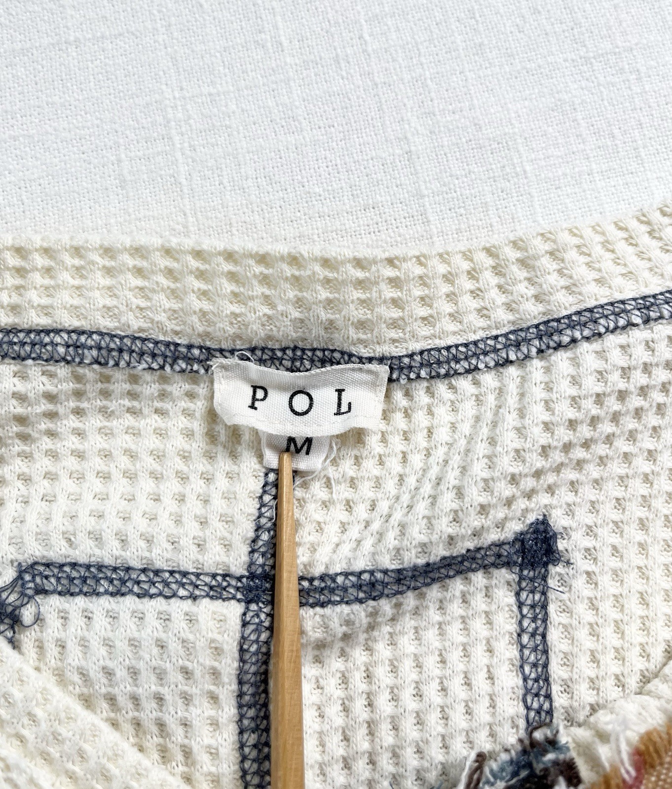 POL Mens Sz M Oversized Henley Tan waffle Knit Mixed Striped Fabric (flaw) gallery