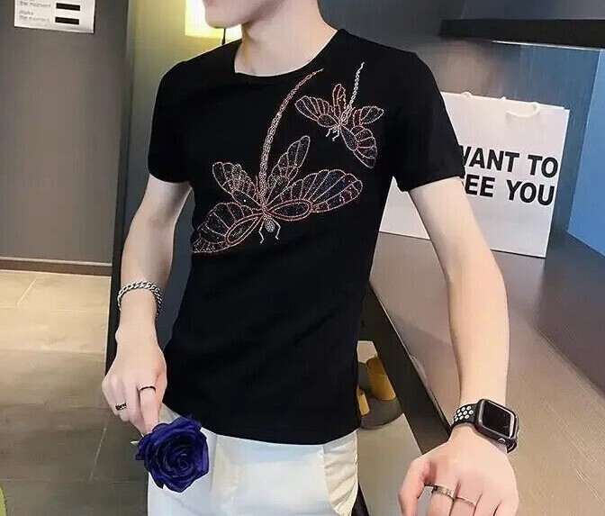 New Men Luxury Rhinestones Dragonfly Fashion Black White T-Shirt High Quality gallery