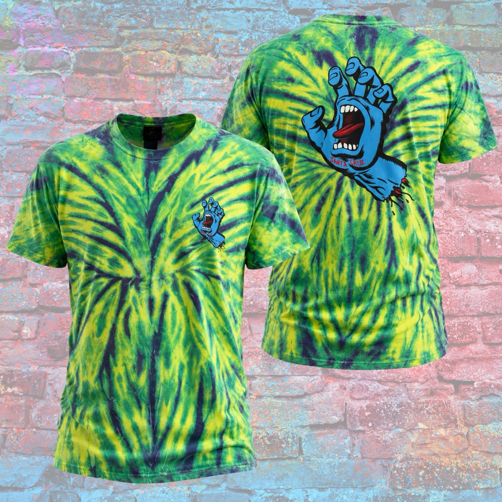 Santa Cruz Screaming Hand T-Shirt Mens Large Green & Yellow Tie Dye Strong Color