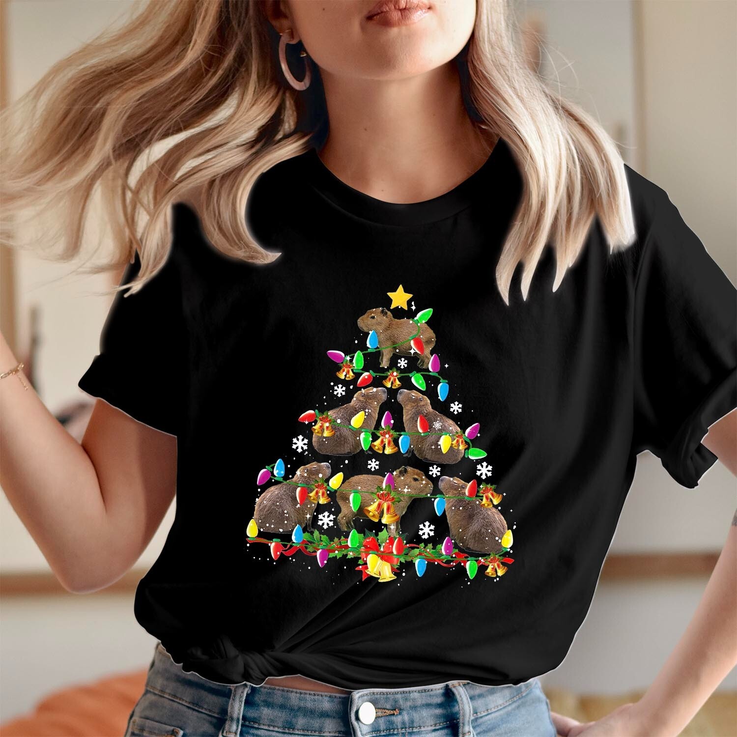 Capybara Christmas Tree T-Shirt Lights Holiday Cute Animal Xmas Gift Top T-5373 gallery