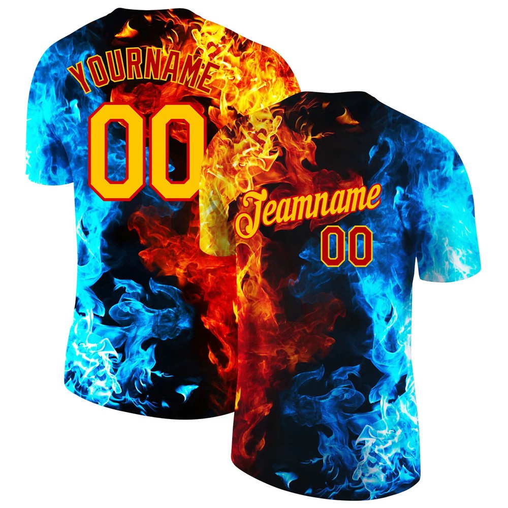 Custom Red Gold 3D Flame Pattern Performance T-Shirt Fire Cool Graphic Gift