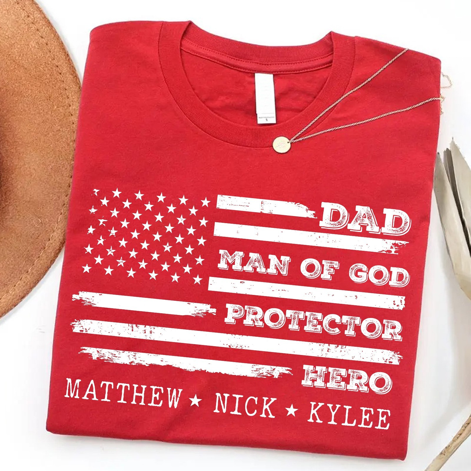 Personalized Dad Man of God Shirt Kids Name Protector Hero USA Flag Fathers Gift gallery