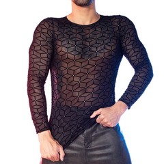 New Men’s Long Sleeved Elastic Tight Top Mesh Breathable Sexy Lace Top T-shirt