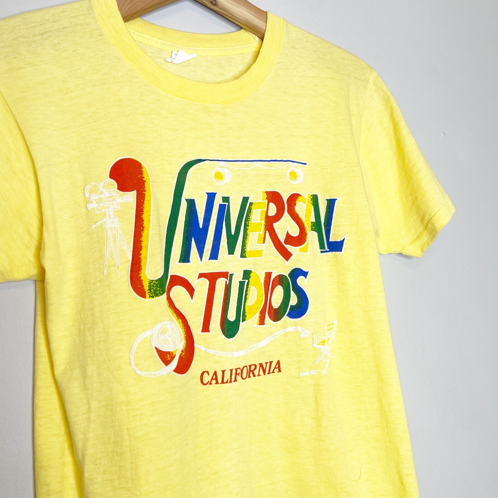 Vintage 70s 80s Universal Studios California T-Shirt Size Medium Yellow Rainbow gallery